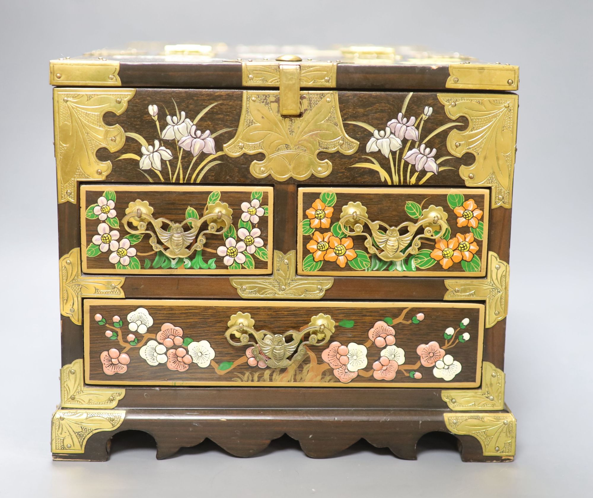 A Chinese wood and polychrome lacquer dressing box, 37cm